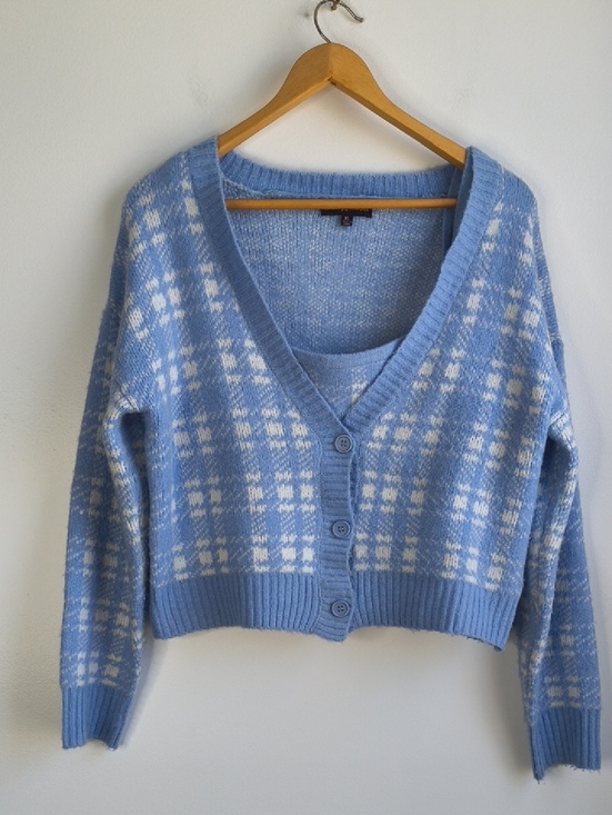 Almost Famous Sweaters - Almost Famous Blue and White Plaid V-Neck Button Cardigan/Cami Set